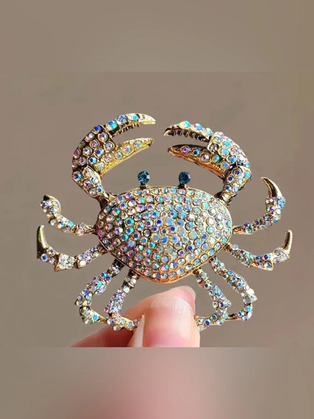 Gold-Tone Crystal Crab Brooch — Iridescent Blue Accent